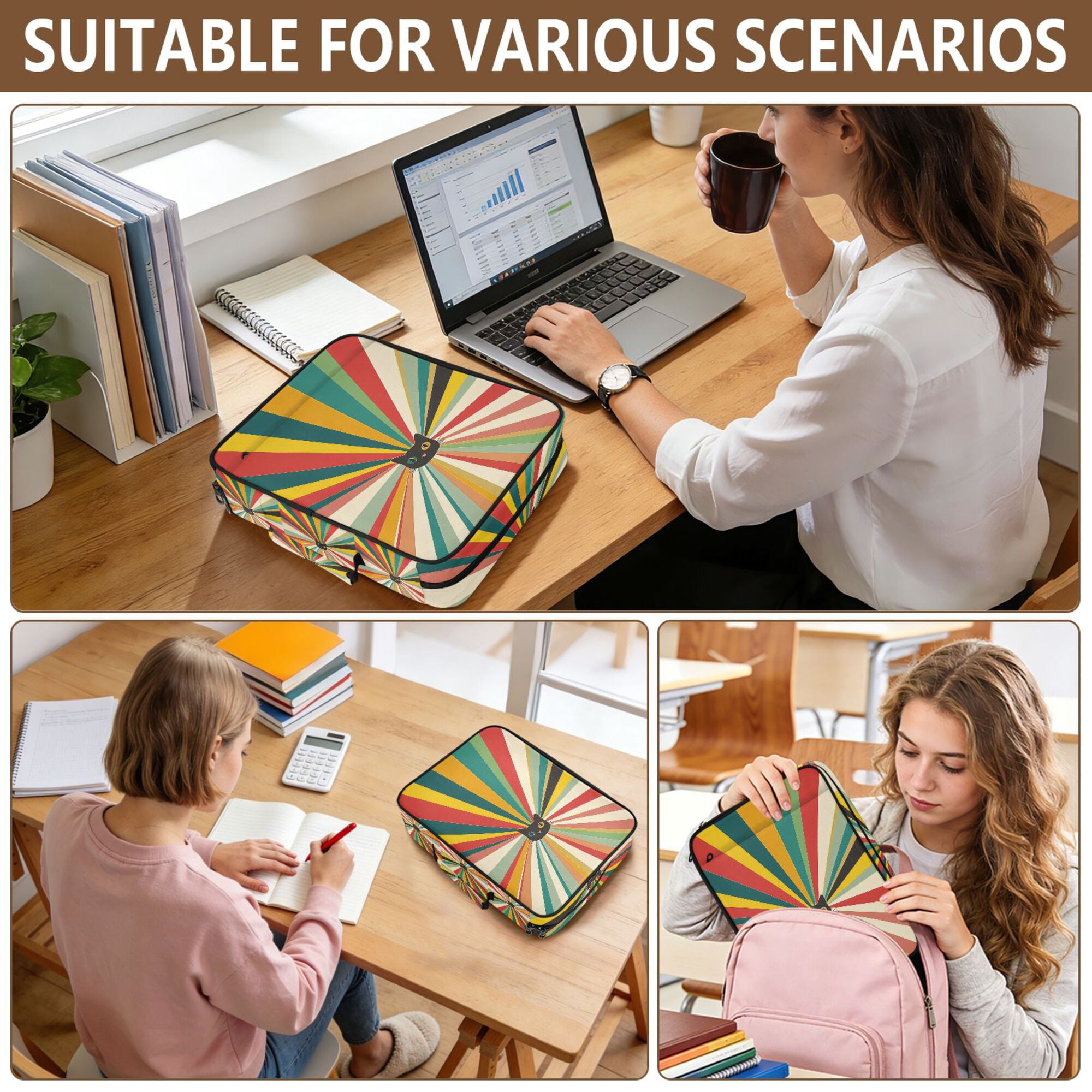 FORMRS Accordion File Folder A4 Size 7-Pocket Expanding Document Organizer Bag with 3 Ring Binder, Colorful Cat