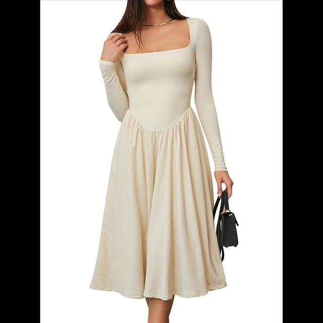 Vestido Midi Informal de Larga con Cuello Cuadrado para Mujer, Moda de y Otoño Albaricoque L