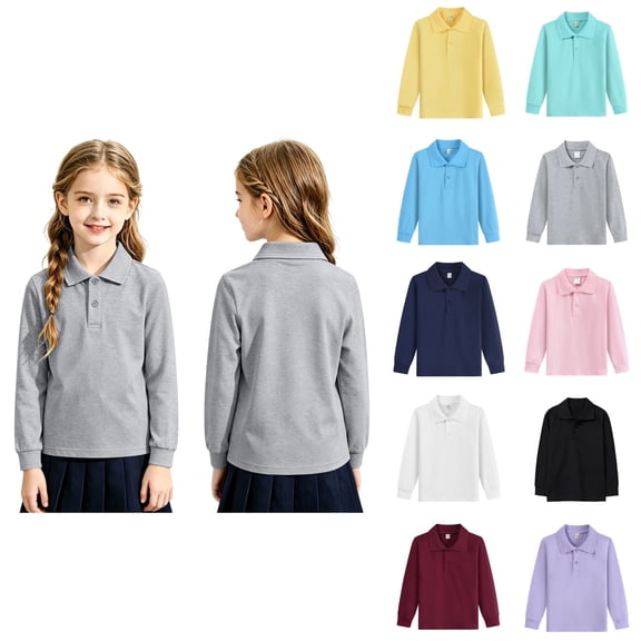 OIOLOYJM Boys Girls Long Sleeve Polo Shirts Soft Comfy Quick Dry Formal School Uniform Casual Basic Outdoor Cozy Back To School Collared Dress Golf Shirts Gray 11-12 Year