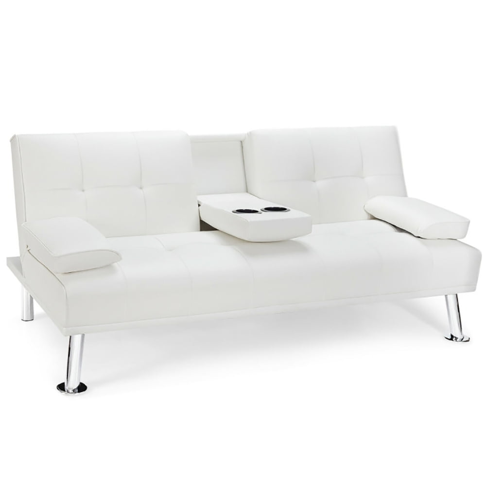 Finihen Futon Sofa Bed, Leather Couch, Convertible Folding Recliner, Convertible Folding Leather Futon Sofa with Cup Holders and Armrests, for Living Room, Bedroom, White Finihen Futon Sofa Bed, Leather Couch, Convertible Folding Recliner, Convertible Folding Leather Futon Sofa with Cup Holders and Armrests, for Living Room, Bedroom, White