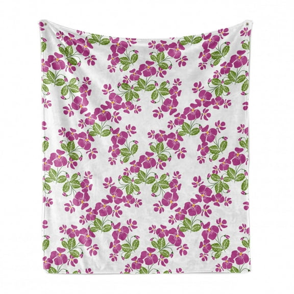 Floral Soft Flannel Fleece Throw Blanket, Spring Romantic Themed Pattern with Flowers Blooming Vintage Garden, Cozy Plush for Indoor and Outdoor Use, 60" x 80", Dark Magenta Green White, by Ambesonne