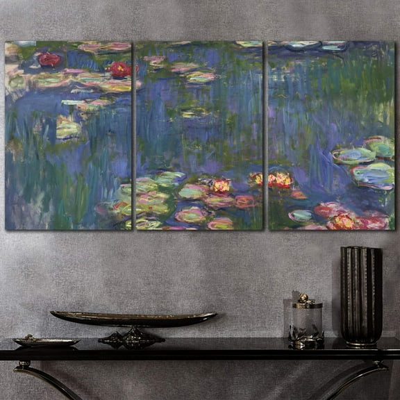wall26 3 Panel Canvas Wall Art - Waterlilies by Claude Monet - Giclee Print Gallery Wrap Modern Home Art Ready to Hang - 16"x24" x 3 Panels