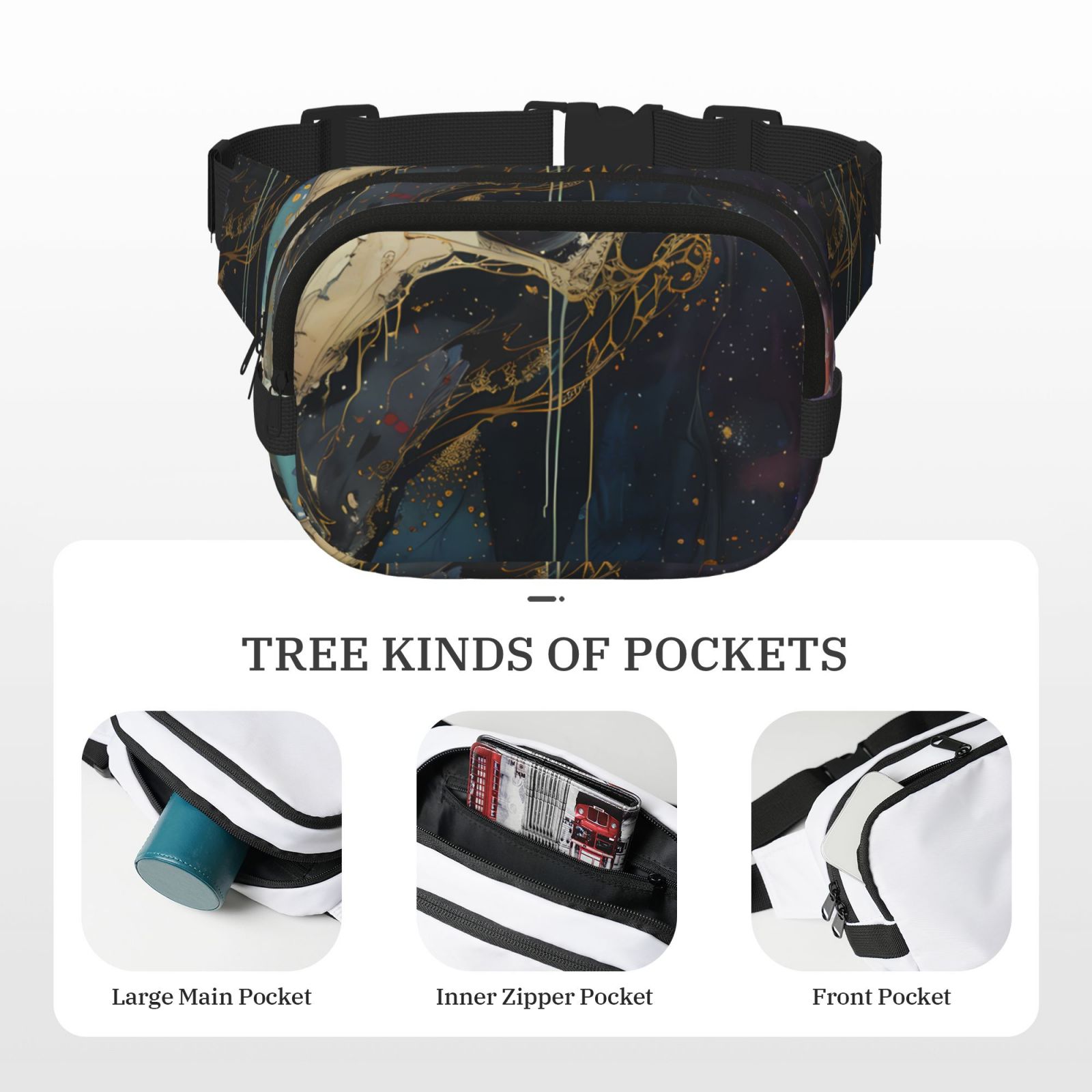 Picia Colorful Ink Cute Horse Print Square Double-Layer Waist Bag Mini Adjustable Waist Belt Bag Exercise Running Travel Hiking