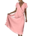 thumbnail image 2 of ClodeEU Women's Summer V Neck Short Sleeve Wrap Midi Dress,Solid Color Loose Fit Casual Flowy Sundress with Tie Waist Pink,Women's Plus M, 2 of 7