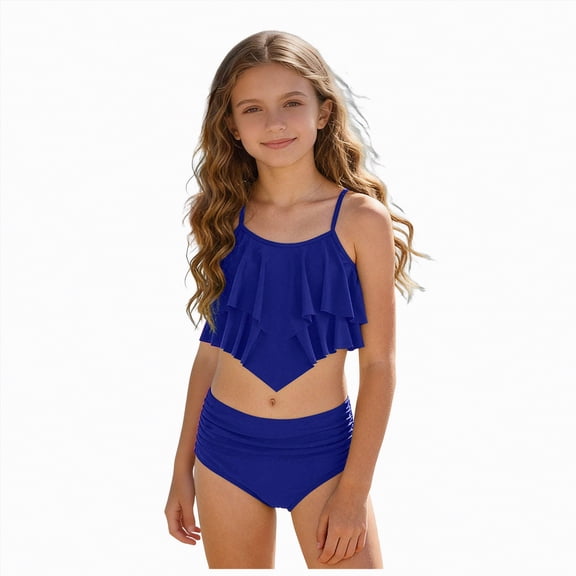 Hessimy Girls Bathing Suit Adjustable Straps Bikini Sets Girls Two Piece Swimsuits,Floral Print,Kids Beach Wear(Blue,15-16 Years)