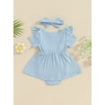 thumbnail image 3 of FEORJGP Infant Baby Girl Romper Dress 0 3M 6M 9M 12M 18M Newborn Short Sleeve Jumpsuit Solid Color Ribbed Ruffled Round Neck Bodysuit Dress with Bow Her Solid Cute Daily Clothes for Vacation, 3 of 8