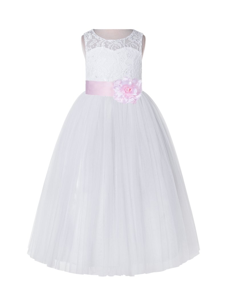 White Lace Flower Girl Dress Keyhole Back with Colored Sash 178T(4) White / Pink / 10 White Lace Flower Girl Dress Keyhole Back with Colored Sash 178T(4) White / Pink / 10