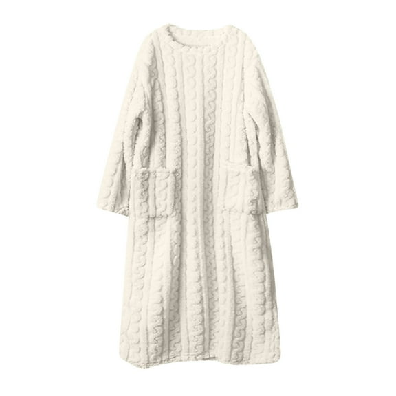 Ynynloco Flannel Nightgowns for Women Cozy Fuzzy Crew Neck Long Sleeve Ankle Length Sleepdress with Pockets Soft Solid Color Warm Winter Pullover Loungewear