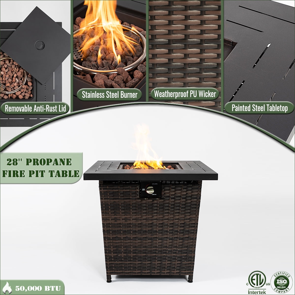AJ Enjoy 28'' Propane Fire Pit Table, 50,000 BTU Fire Table with Brown Wicker, Laval Rocks, Inclined Leg Design.