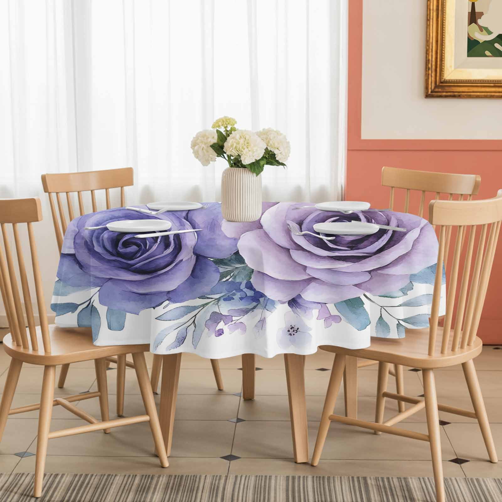 Round Tablecloth Purple Rose Waterproof Oil Proof Polyester Table Cloth Cover Decor for Home Dining Outdoor,Patio,Parties, 60" Dia. Watercolor Rustic Wreath