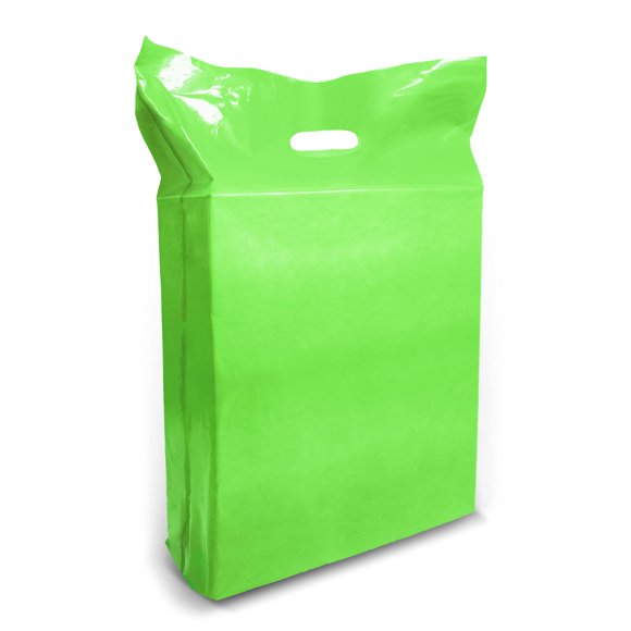 Green Merchandise Plastic Shopping Bags - 100 Pack 15" x 18" 1.25 mil Thick, 2 in Gusset - Die Cut Handles - Good for Retail, Party Favors, Birthdays, Parties - Color Green - Recyclable