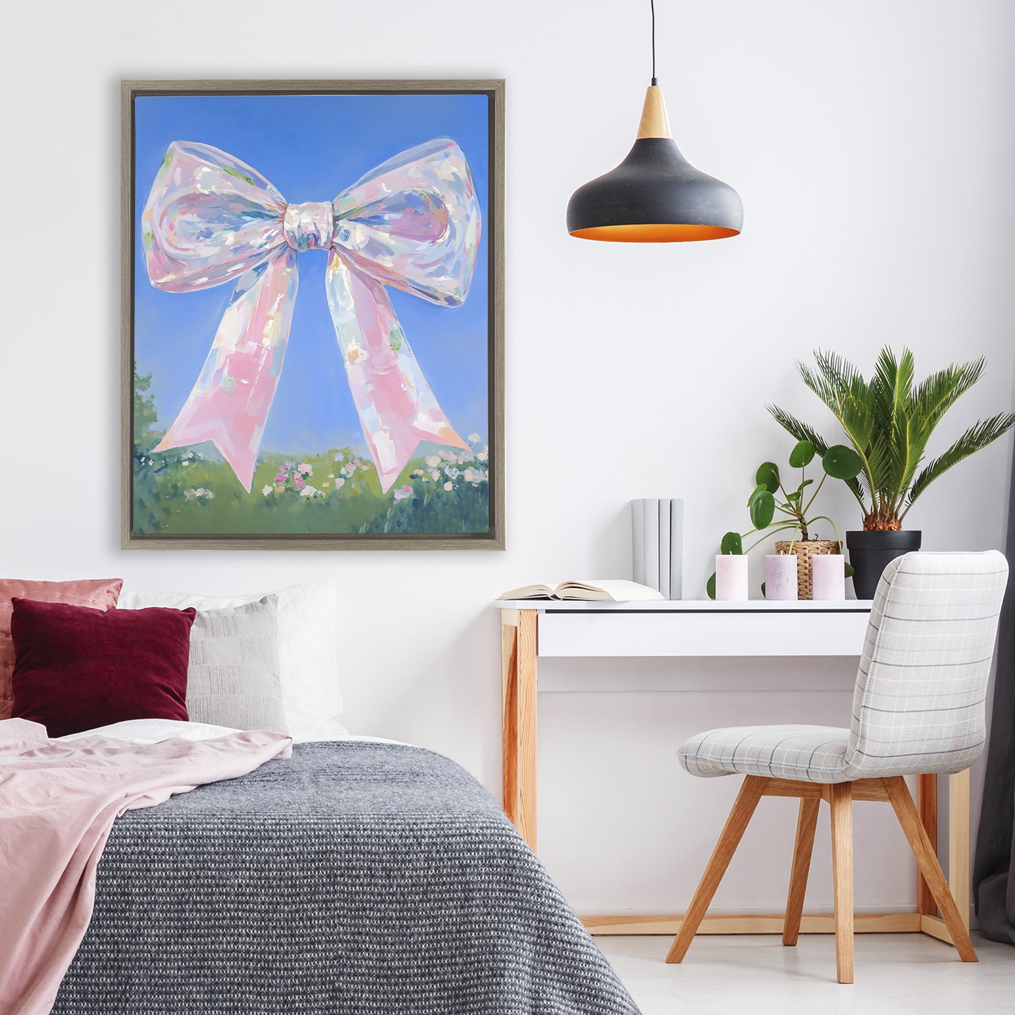 Stupell Industries Iridescent Pink Bow in Meadow Brown Framed Floater Canvas Wall Art, design by The Prints Vibe