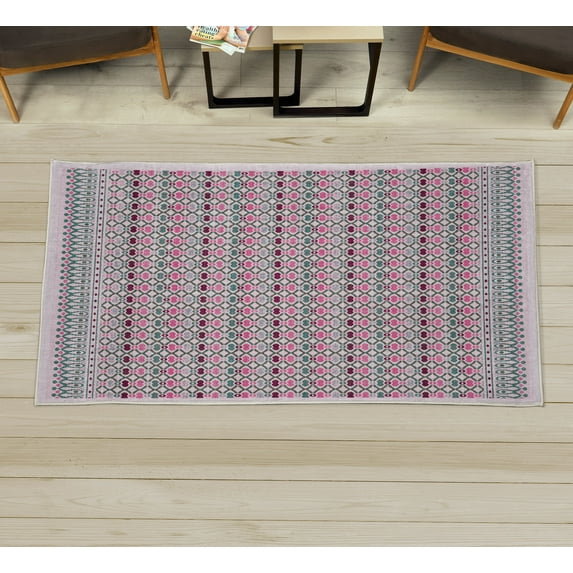 Ethnic Decorative Rug, Tribal Style Abstract Mesh Pattern of Oval Grid Motif Folkloric Artwork, Quality Carpet for Bedroom Dorm and Living Room, 6 Sizes, Baby Pink, by Ambesonne