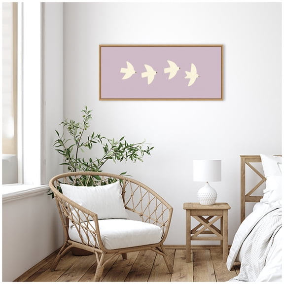 Kate and Laurel Framed Canvas Wall Art Print Minimalist Birds Panel 3 Light Purple by Laura Moss, 40 x 18 Sylvie Natural Frame, Modern Contemporary, Animal Art for Wall Decor