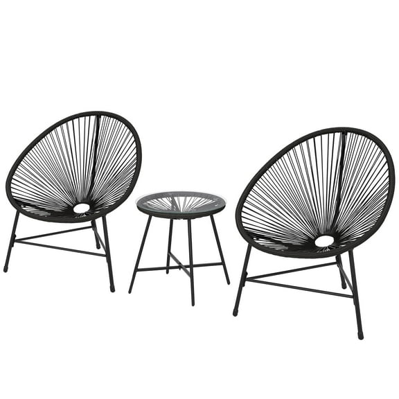 3 Piece Outdoor Acapulco Chair Patio Bistro Set, Acapulco Chairs Set of 2 with Thick Cushions & Tempered Glass Top Table, All Weather Patio Conversation Bistro Set with Steel Frame, Black/Blue/Beige