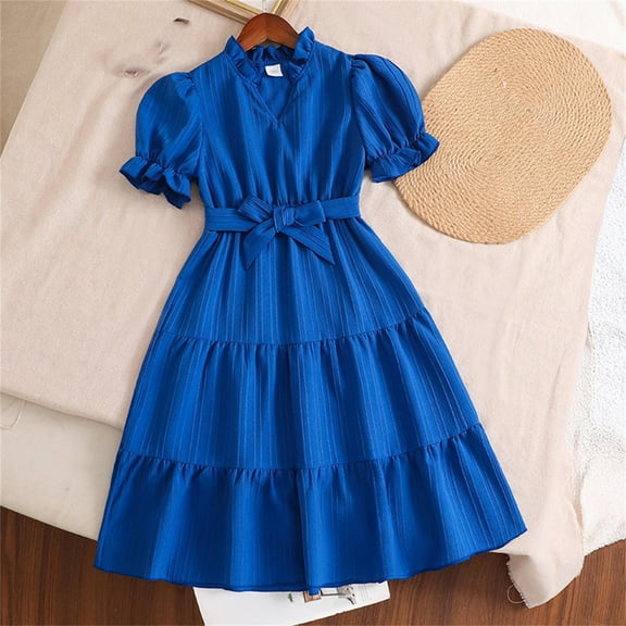 HOMADLES Girls Teen Dresses Crewneck Layered Ruffled Short Sleeve Stretch Fashion Breathable Casual Dress Blue 11 T
