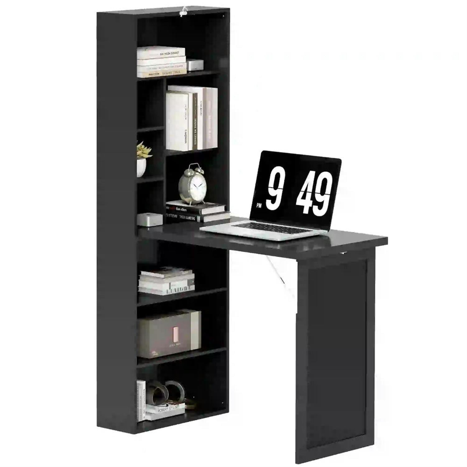 Demi Bonn Folding Computer Desk with Blackboard, Wall-Mounted Home Office, Desk with Side Shelf, Space-Saving, Black
