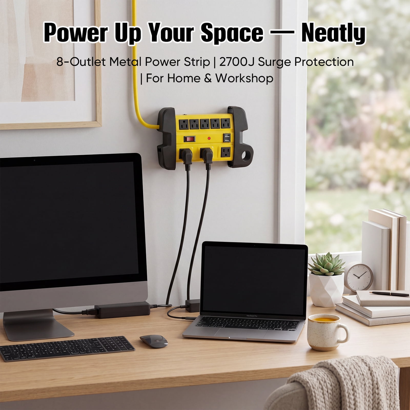 VILONG Heavy Duty Power Strip Surge Protector, 8 Outlets & 2 USB Ports Charging Station– 2700J Surge Protection, 15A Circuit Breaker, Wall Mount for Workshop, Garage