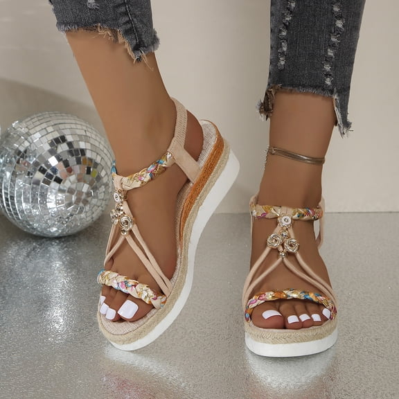 abtuhar Wedge Sandals for Women,Women's Sandals,Women's Low Wedge Heels Summer Dressy Sandals Elastic Ankle Strap Open Toe Flower Shoes Beige 6