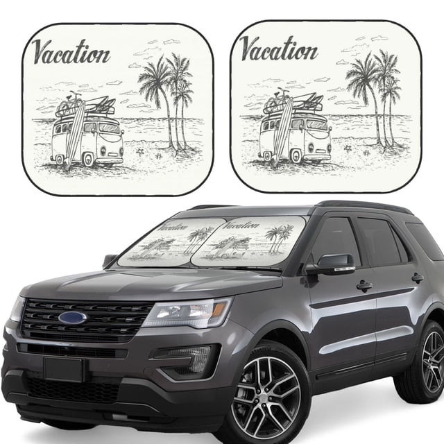 Vsdgher Summer Vacation Scene With Camping Van Print Car Windshield Sun Shade, Reflective Sunshade Window Sunshade Sun Visor Protector Fit for Cars,Trucks,SUVs-Medium