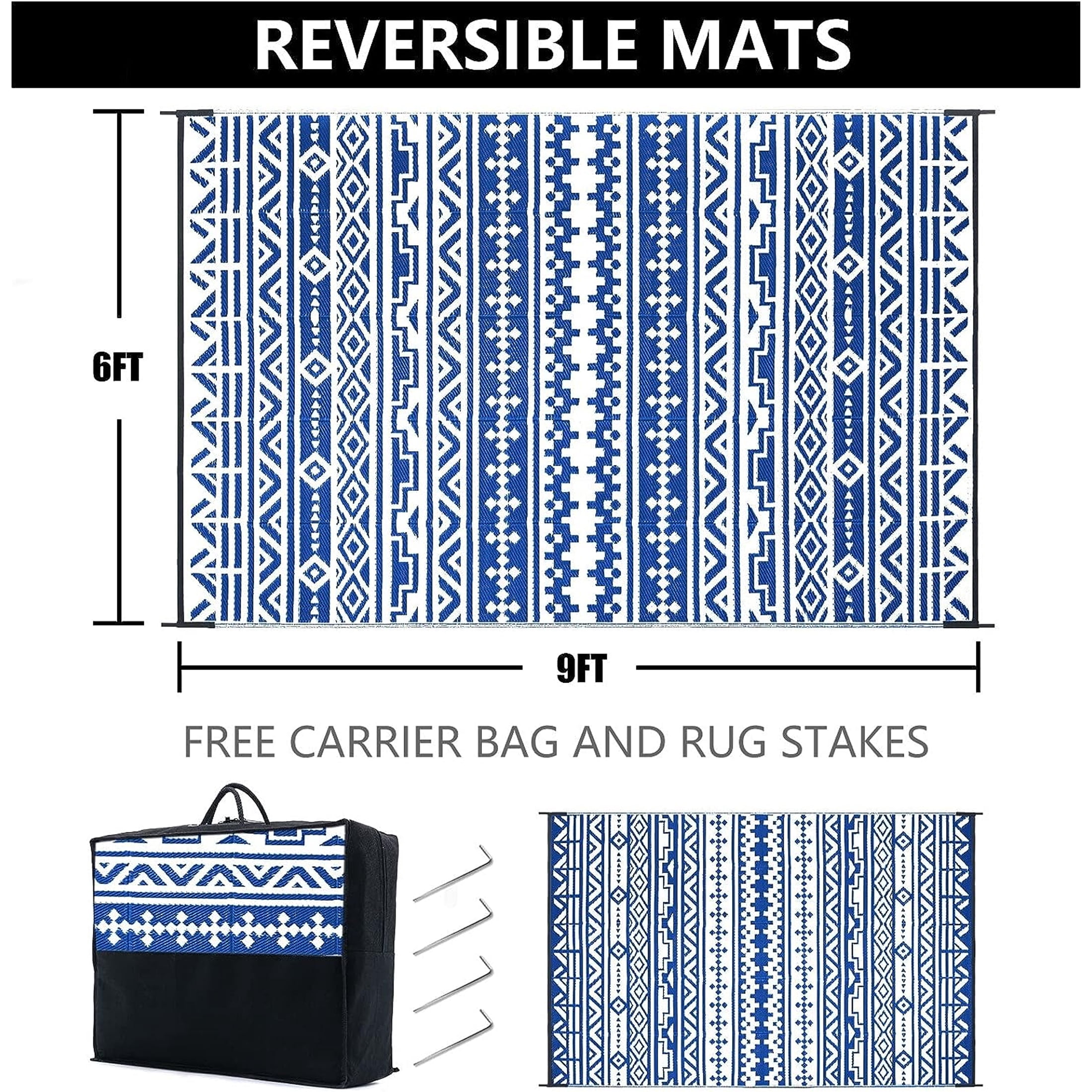 Outdoor Rugs 6'x9' on Sale Clearance Plastic Straw Waterproof Reversible Patio Rugs Geometric Lightweight Carpets for RV Camping Deck Balcony Beach Picnic Porch, Blue White