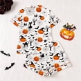 thumbnail image 4 of CUZIBR Girls Outfits Sets Halloween Pumpkin Bat Cat Print Lapel Button Short Sleeve Pajama Top Matching Shorts Two Piece Kids Sleepwear Set,White,5-6 Years, 4 of 9