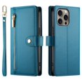 thumbnail image 2 of For iPhone 16 Pro 6.3-inch Wallet Case for Women Men Multi-Card Slots Zipper Pocket Lanyard Strap Wristlet Leather Phone Case,Blue,For iPhone 16 Pro, 2 of 7