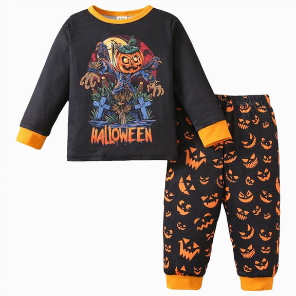 NOLDARES Toddler Kids Pajamas 2pcs Long Sleeves Pjs Sets Print PJs for Girl Boys Fall Winter Sleepwear(H020-Orange)
