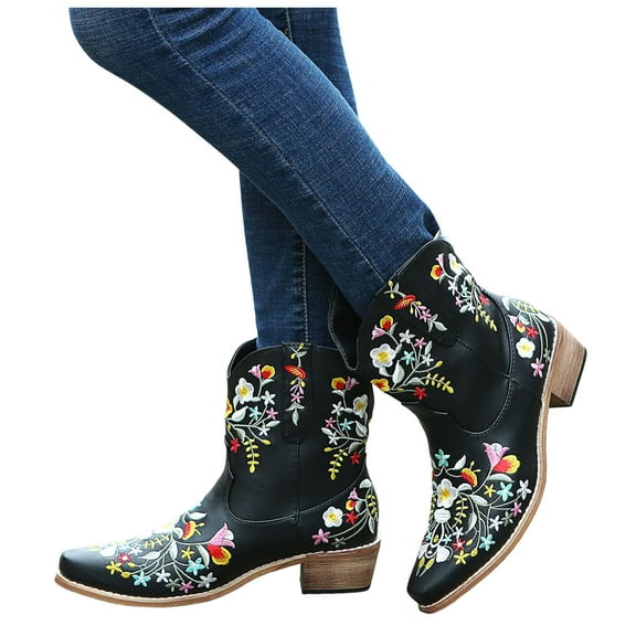 Cowboy Boots for Women 2025 Winter Fall Retro Flower Embroidered Leather Pointed Toe Wide Mid Calf Cowgirl Boots Boho Vintage Short Dress Ankle Booties