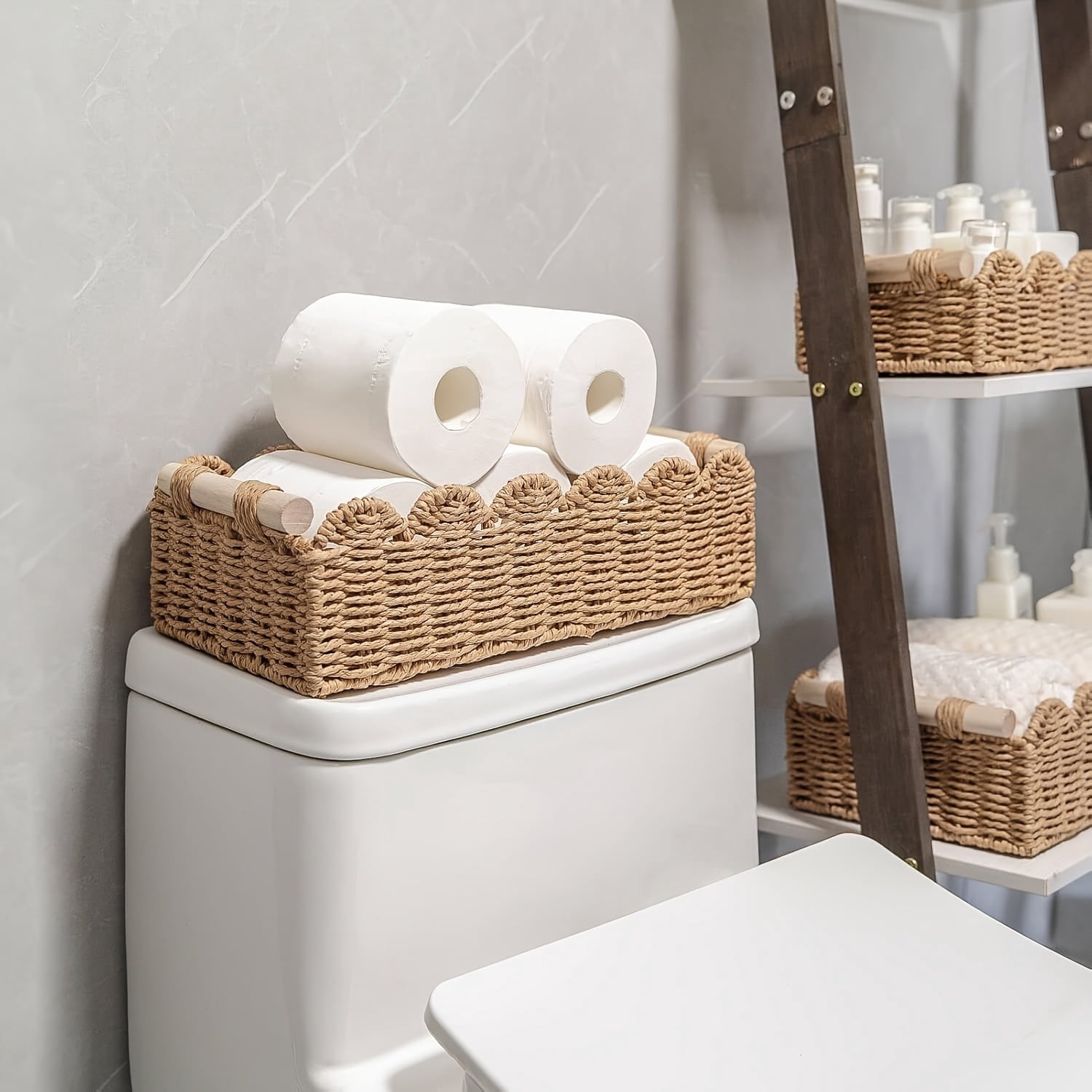 HuaArt 2 Pcs Paper Rope Scalloped Edge Decor Baskets, Toilet Basket for Over Toilet Storage Shelf, End Table, Neutral