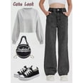 thumbnail image 2 of OYYN Girls Baggy Wide Leg Jeans High Rise Bow Embroidery Straight Pants Casual Fashion Cute with Pockets Grey Jeans Size 13, 2 of 5