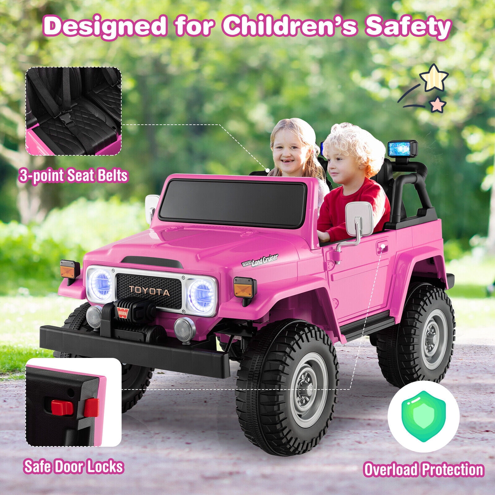 Gymax 2 Seater Ride On Truck Car 12V Licensed Toyota FJ40 RC w/ Laser Light & Music Pink