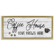 Stupell Industries Coffee House Love Brews Here Food & Beverage Painting Gold Floater Framed Canvas Art Print Wall Art, 31 x 14