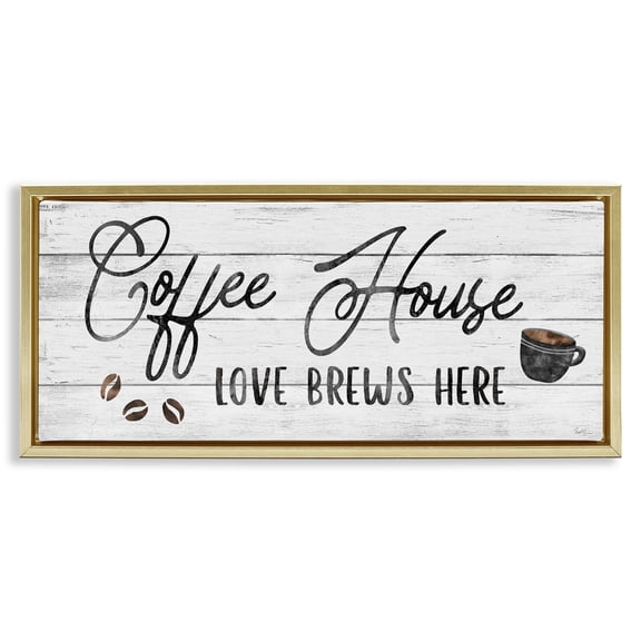 Stupell Industries Coffee House Love Brews Here Food & Beverage Painting Gold Floater Framed Canvas Art Print Wall Art, 31 x 14