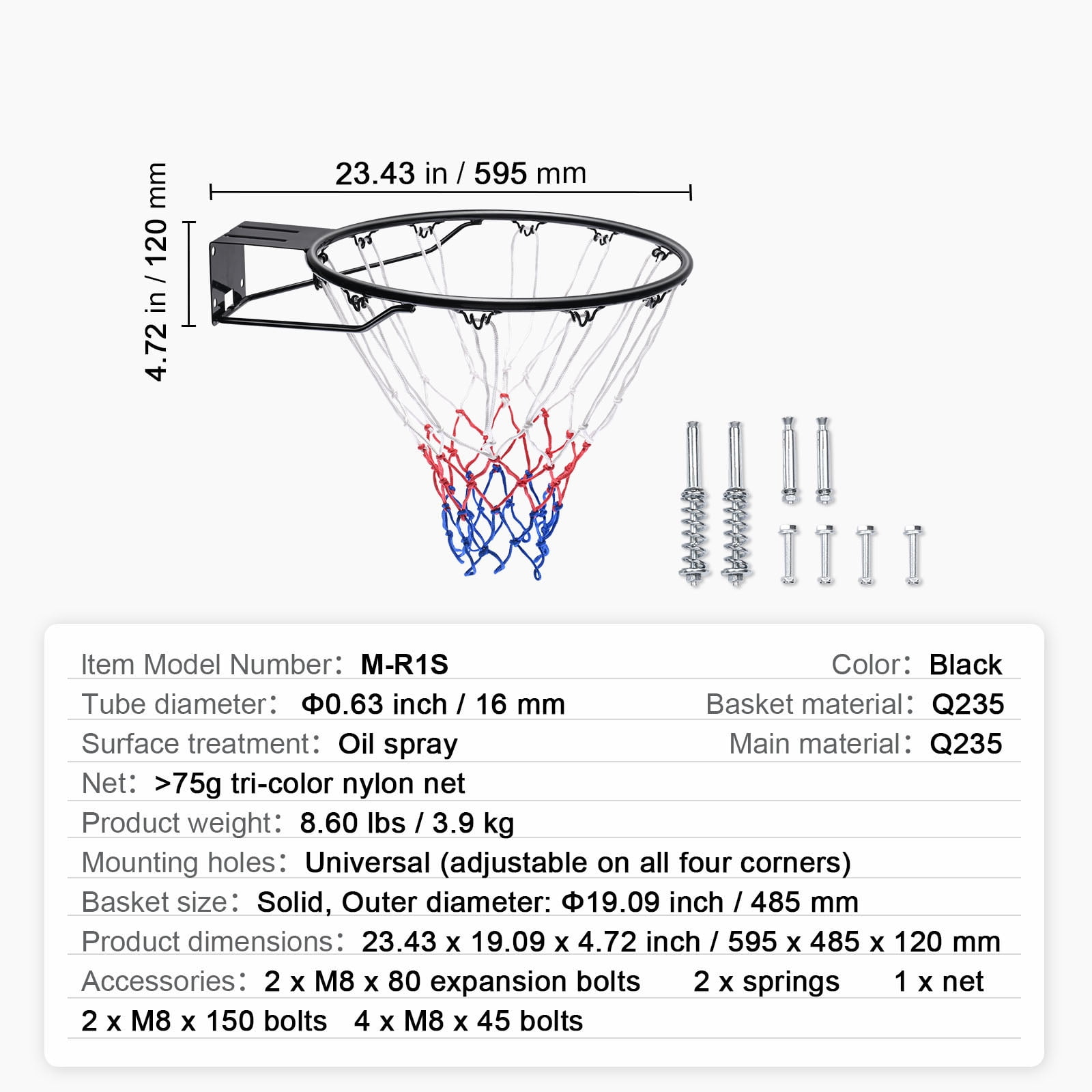 KFFKFF Basketball Goal, Attachable to Wall or Door, Robust Q235 Basketball Flex Rim Substitute with Net, Conventional 18" Indoor and Outdoor Suspended Basketball Hoop for Children and Adults