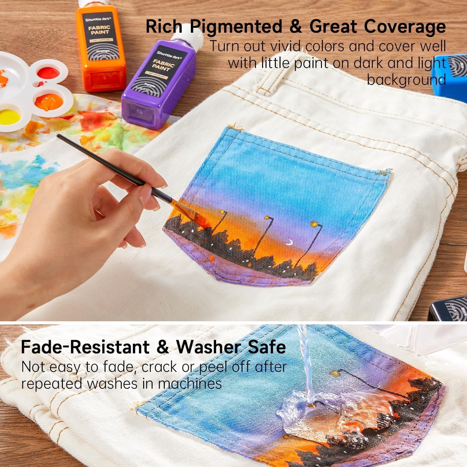 Fabric Paint 24 Colors Permanent Soft Fabric Paint in Bottles (60ml/2oz) with Brushes &Stencils, Non-Toxic Textile Paint for T-Shirts, Shoes, Jeans, Bags, DIY Projects & Crafts