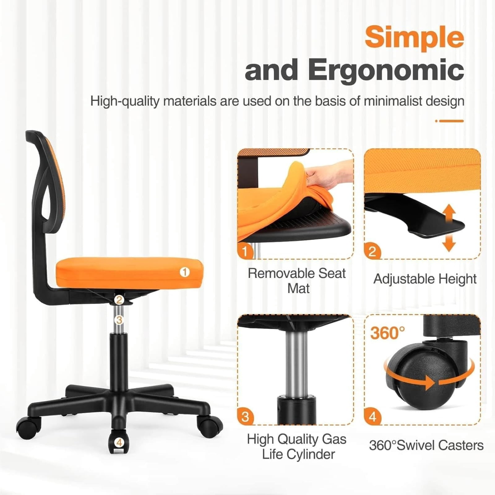 Kelno Small Desk Chair with Wheels Armless Low-Back Office Chair Ergonomic Adjustable Computer Desk Chair with Lumbar Support,Orange