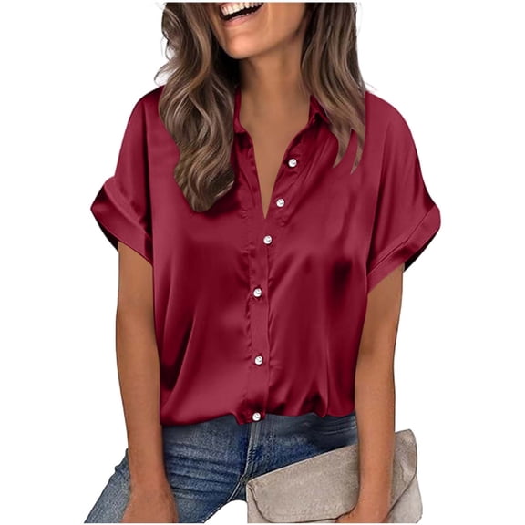 Womens Satin V Neck Blouse Short Sleeve Silk Tops Button down Shirts Trendy Business Casual Outfits