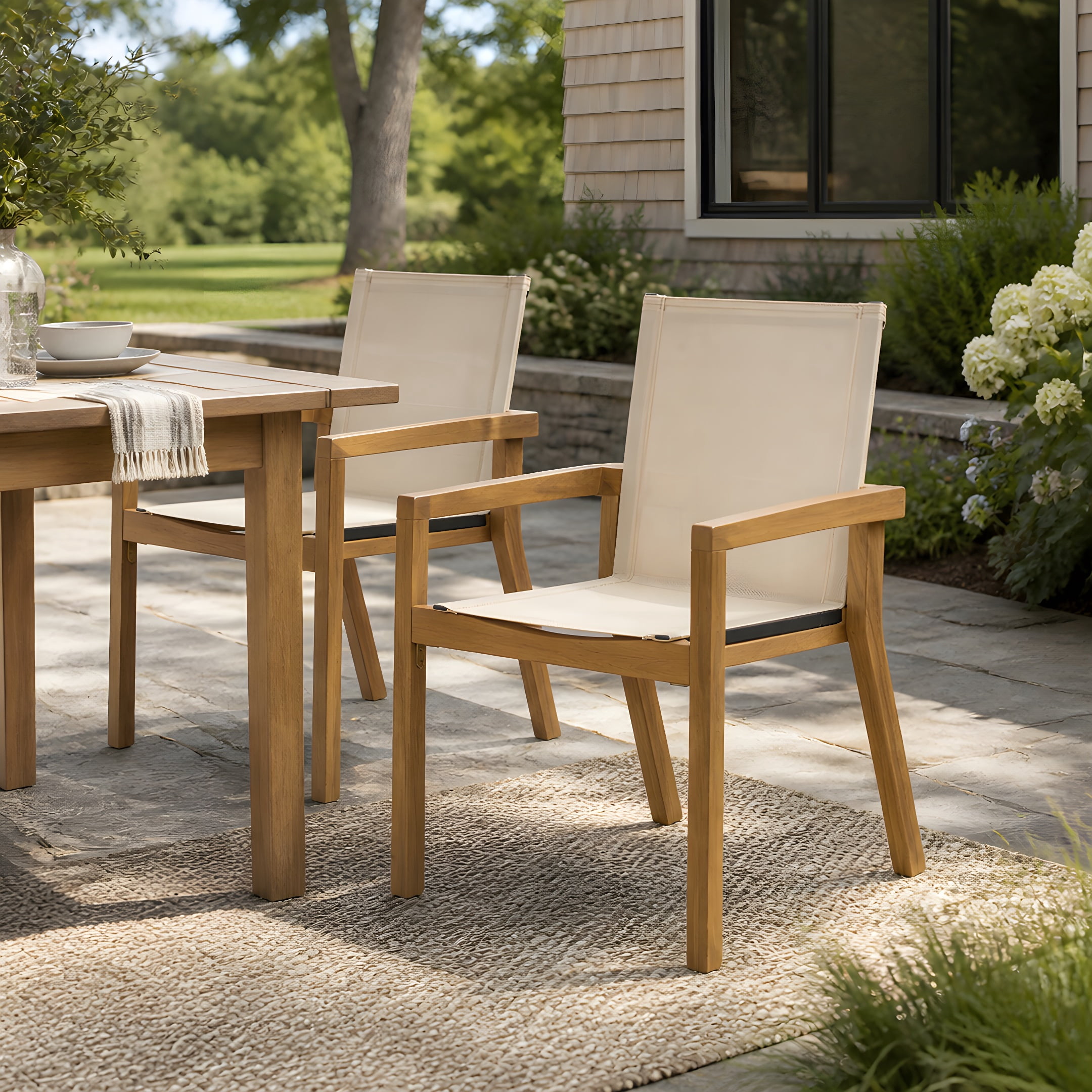 Set of 2 Belfast Outdoor Dining Chairs with Teak Frame and Beige Textile Mesh, Durable Patio Chairs and Garden Seating for Poolside, Teak and Beige