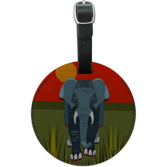 Geometric African Elephant Grey Round Leather Luggage ID Tag Suitcase Carry-On