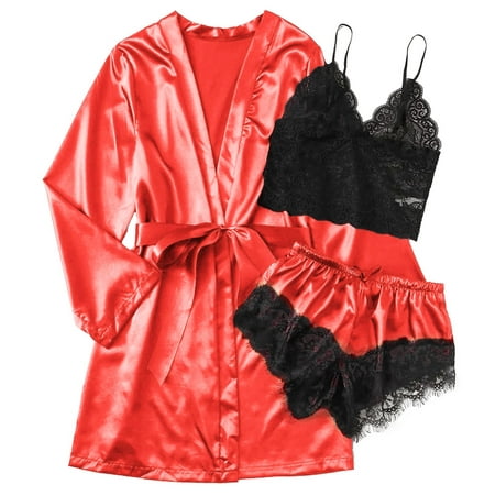 

LowProfile Lingerie Pajama Set for Women Satin Silk Nightdress Robes Underwear Nightgowns Sleepwear Red M