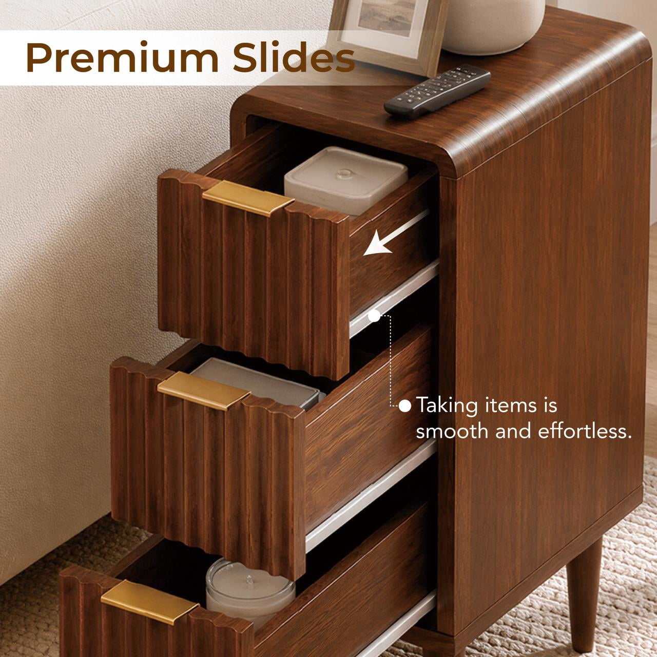 Spruce & Spring Mid-Century Modern Narrow Nightstand with 3 Drawers for Bedroom & End Table for Small Spaces, Fluted Front, Walnut