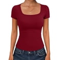 thumbnail image 3 of Short Sleeve Square Neck Tees for Women Slim Fit Crop Y2K Casual Summer Cute Basic Going Out Workout Gym Fashion Tops 2026 Wine S, 3 of 6