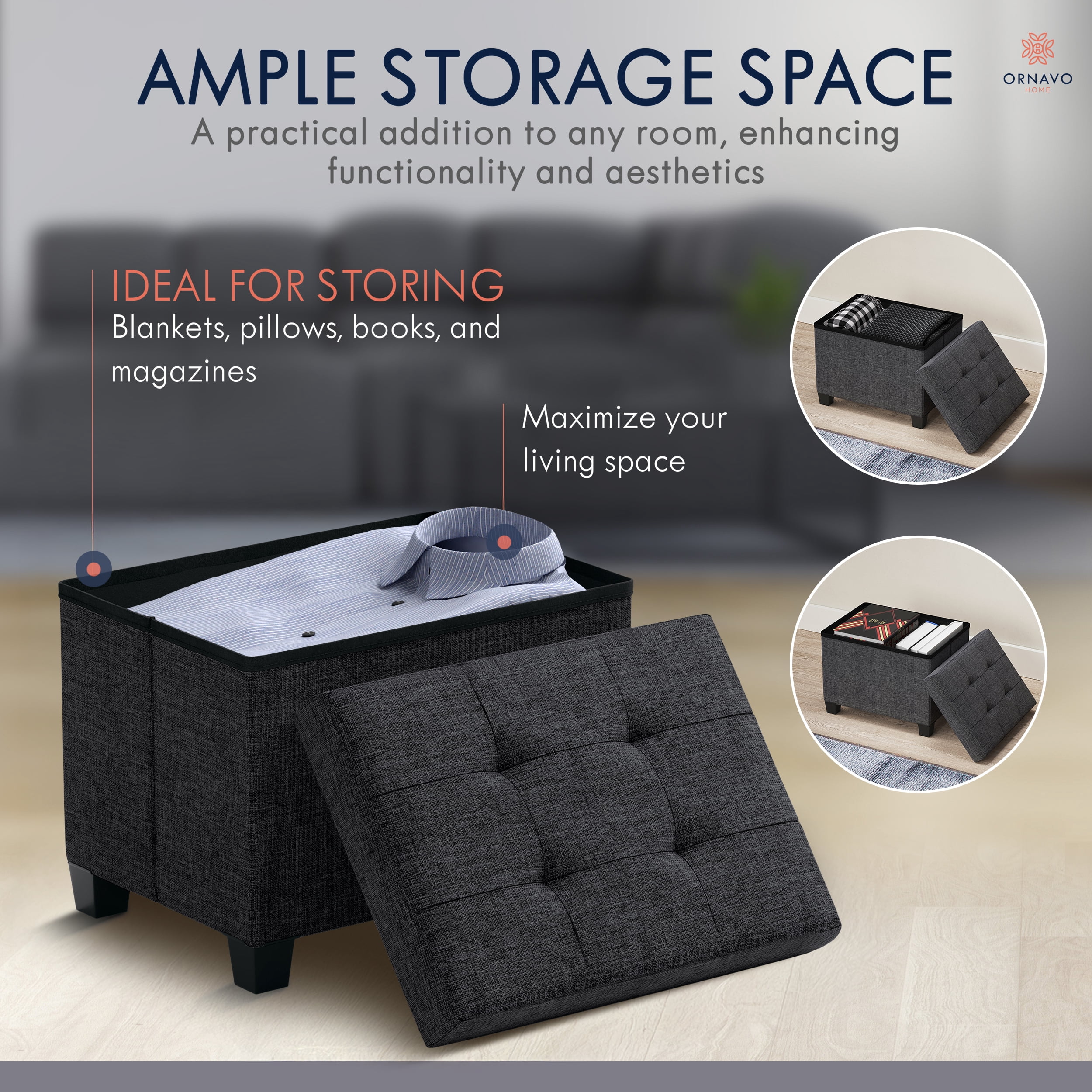 Ornavo Home Storage Ottoman Small Rectangle Ottoman with Legs, Foot Rest Stool Seat, Load up to 600 LB, for Living Room, Bedroom, Home Office, Dorm - 12 x 16 x 12, Black