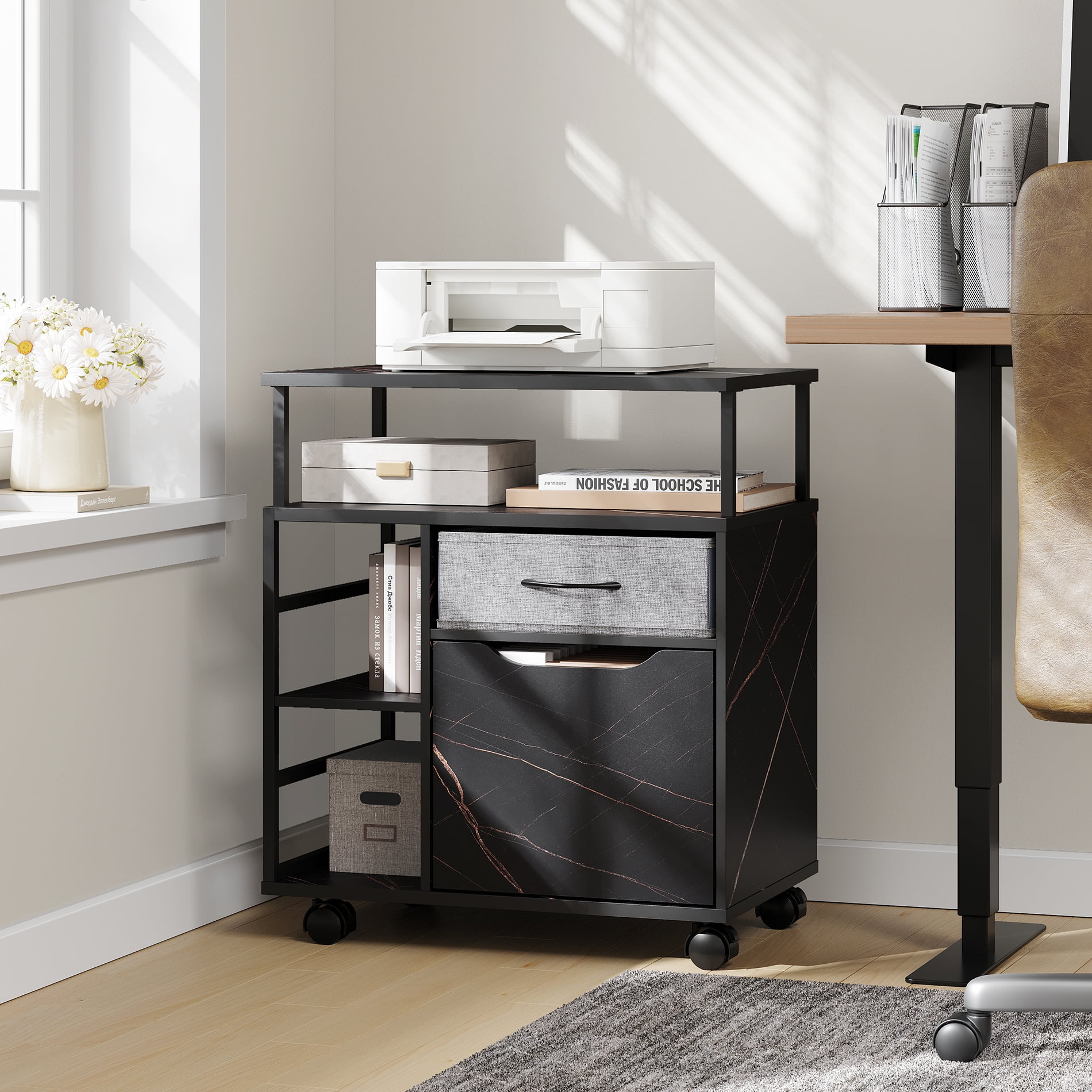 Black Marbled Mobile Office Storage With Open Shelves And