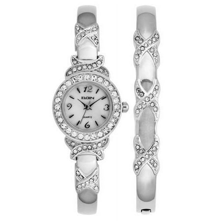 Elgin Adult Female XO Watch and Bracelet Bangle Set, Silver-Tone (EG9020ST)