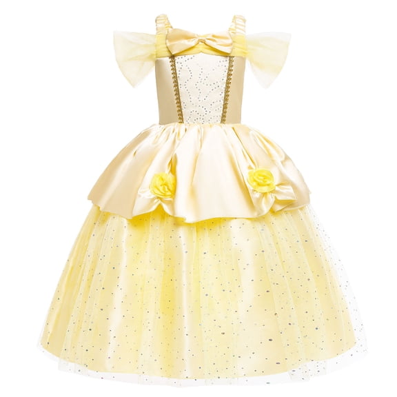 Girls Yellow Princess Dress Toddler Gold Ball Gown Halloween Costume Fairy Tale Fancy-Dress Outfit