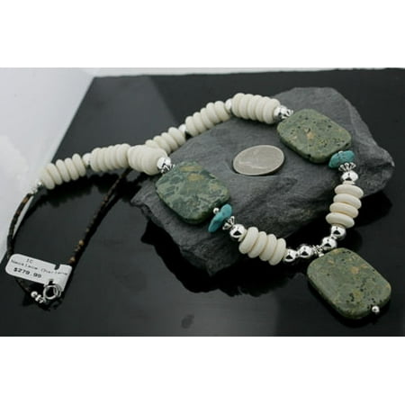 Jasper Disc - Large $280 Retail Tag Authentic Made by Charlene Little Navajo .925 Sterling Silver Natural Turquoise Jasper Agate Disk Native American Necklace