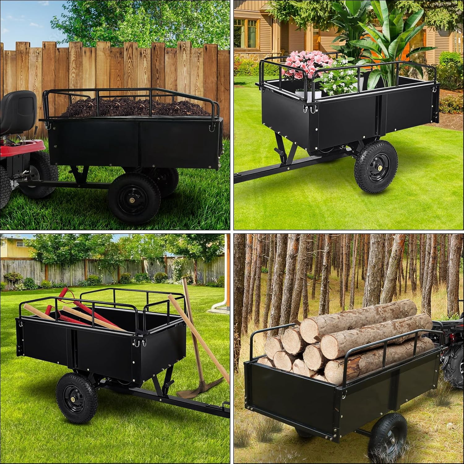 Lumiparty Heavy Duty Tow Behind ATV Trailer, 750 Lbs Steel Dump Cart Garden Carts with Removable Sides to Convert Into Flatbed, Metal Utility Wagon for Riding Lawn Mower Tractor, Black