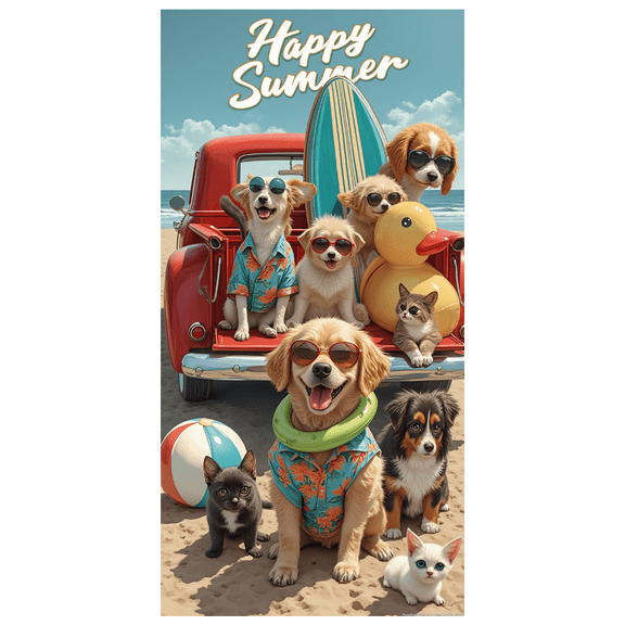 Cute Dogs Happy Summer Beach Party Banner Decorative Design Pups Playful Scene for Beach Party Summer Event Holiday Celebration